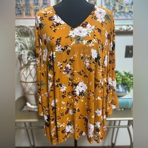 J. Jill Mustard and Peach Floral Blouse V-Neck Flare Sleeve Relaxed Tunic SZ XL
